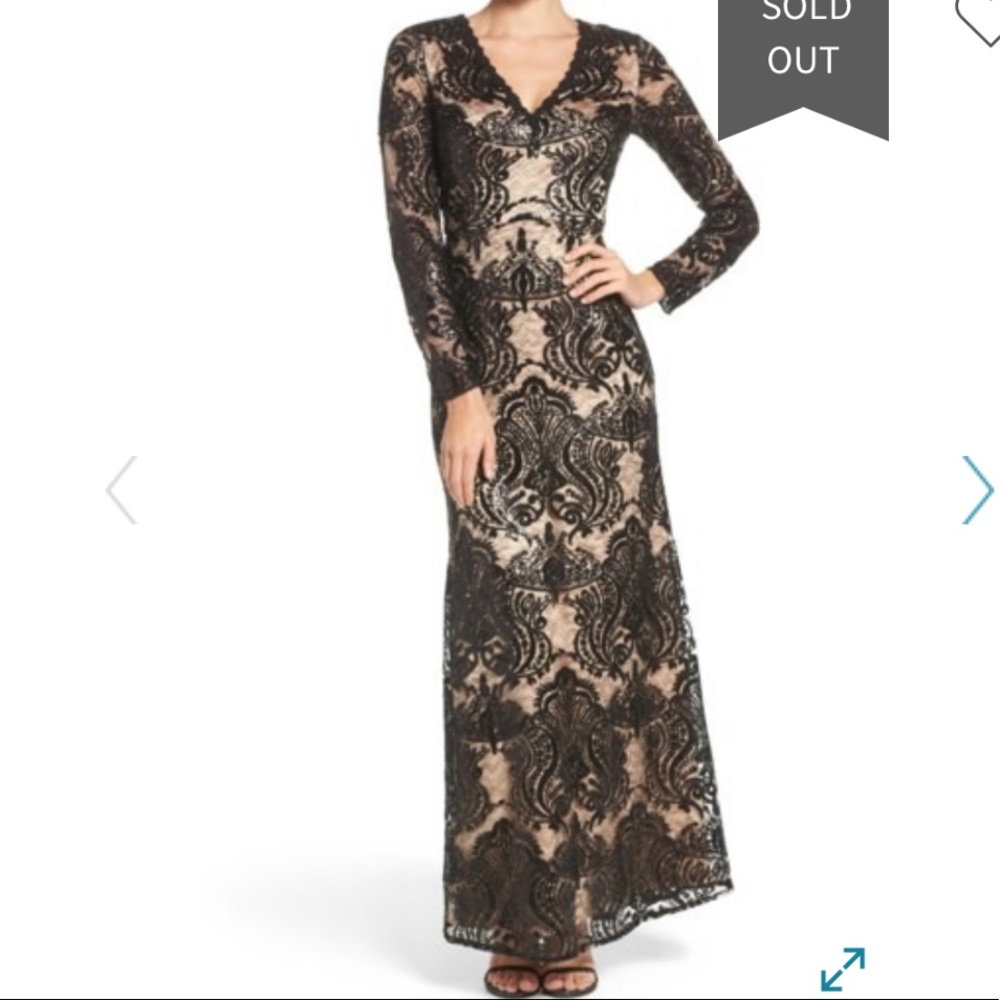 Eliza J Black Lace Overlay Nude Long Sleeve Gown